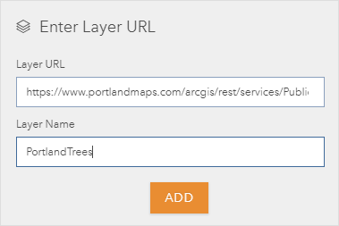 Der Bereich "Layer-URL eingeben" mit der Service-URL und dem Layer-Namen "PortlandTrees" Der Bereich "Layer-URL eingeben" mit der Service-URL und dem Layer-Namen "PortlandTrees"